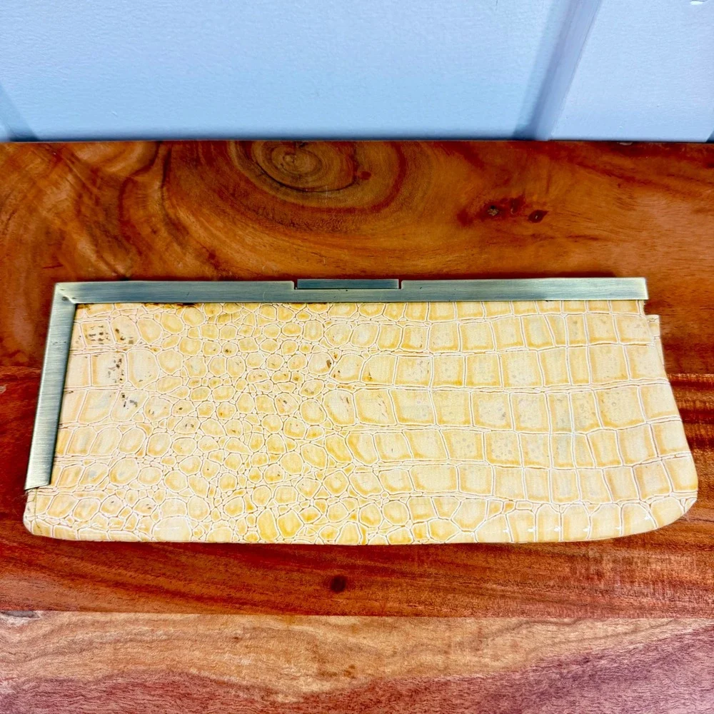 Jessica McClintock Yellow Croc Embossed Clutch Evening Bag w Brass Frame & Chain